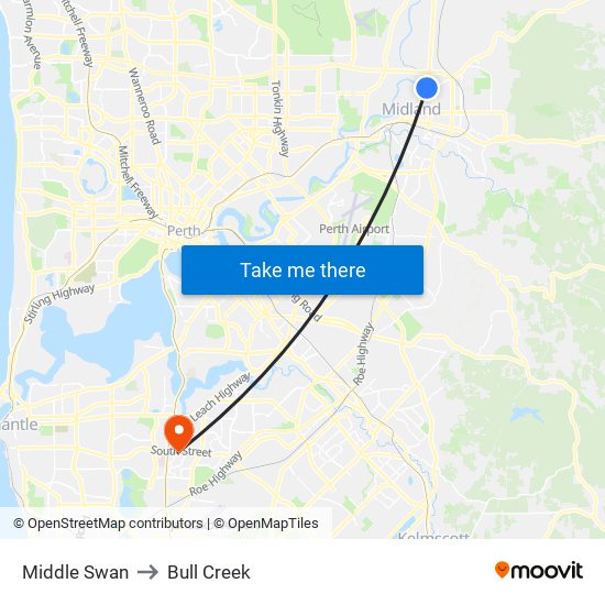 Middle Swan to Bull Creek map