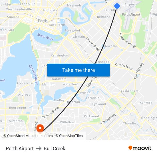 Perth Airport to Bull Creek map