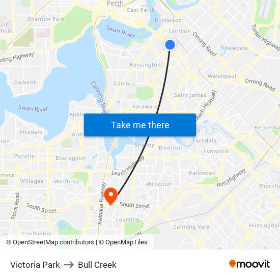 Victoria Park to Bull Creek map