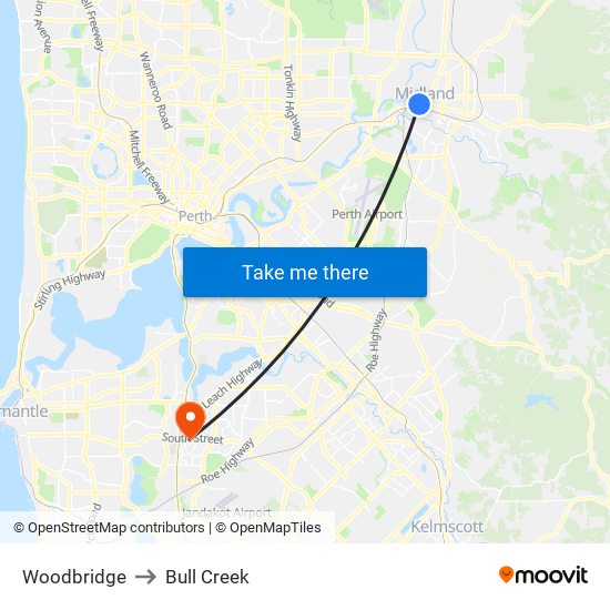 Woodbridge to Bull Creek map