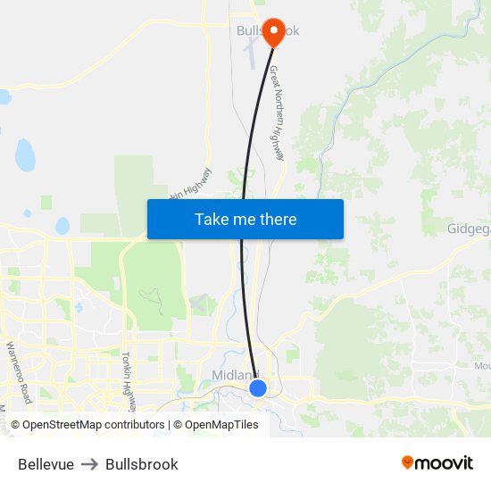 Bellevue to Bullsbrook map