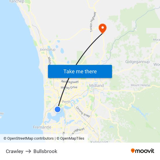 Crawley to Bullsbrook map