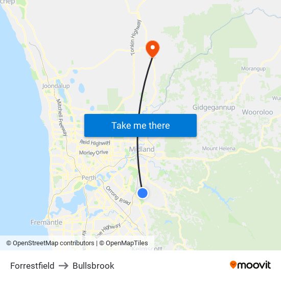 Forrestfield to Bullsbrook map