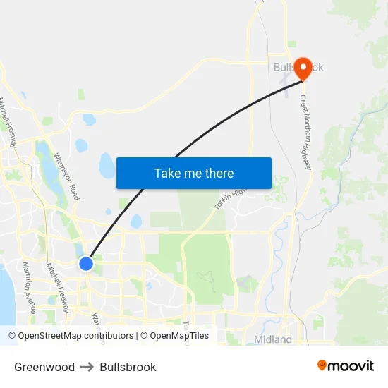 Greenwood to Bullsbrook map