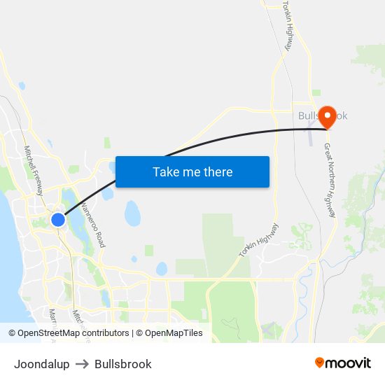 Joondalup to Bullsbrook map