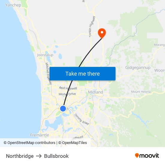 Northbridge to Bullsbrook map