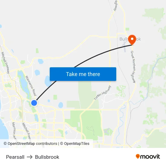 Pearsall to Bullsbrook map