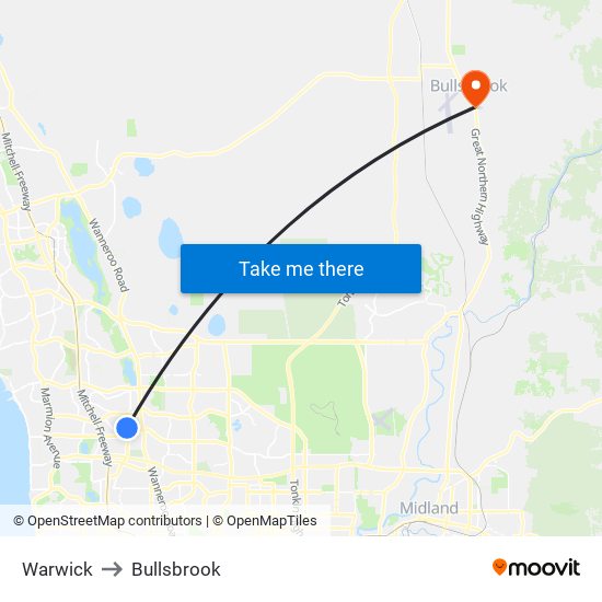 Warwick to Bullsbrook map