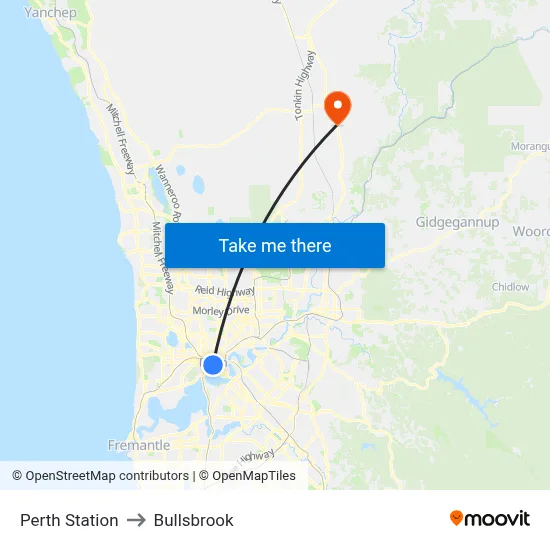 Perth Station to Bullsbrook map