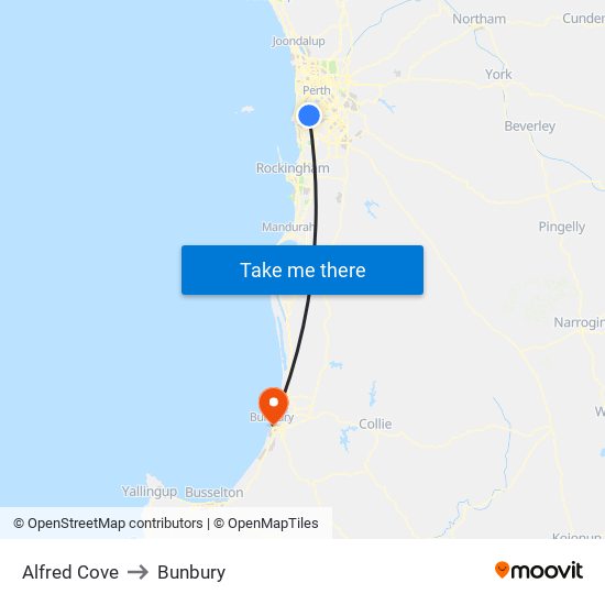 Alfred Cove to Bunbury map