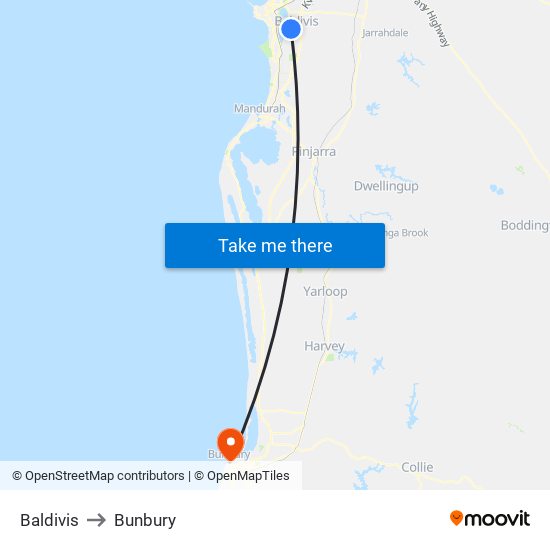 Baldivis to Bunbury map