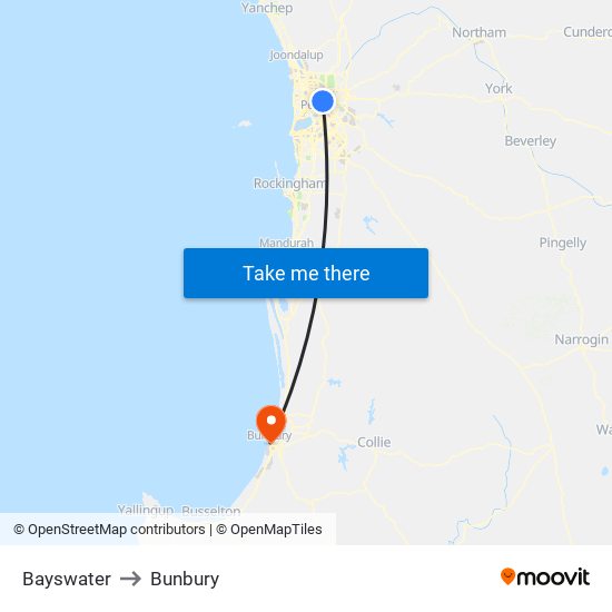 Bayswater to Bunbury map