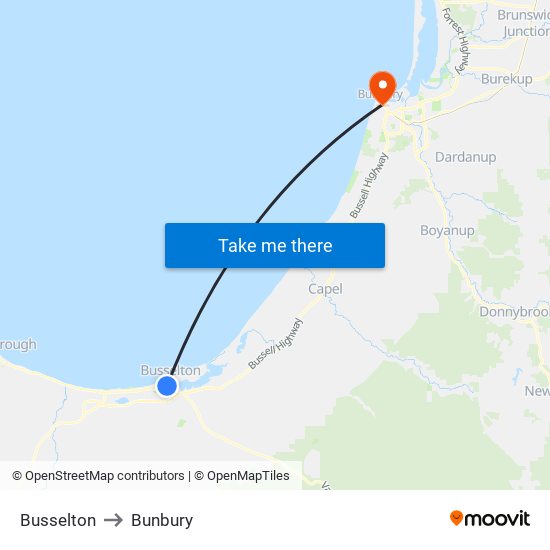 Busselton to Bunbury map