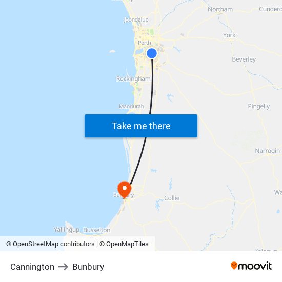 Cannington to Bunbury map