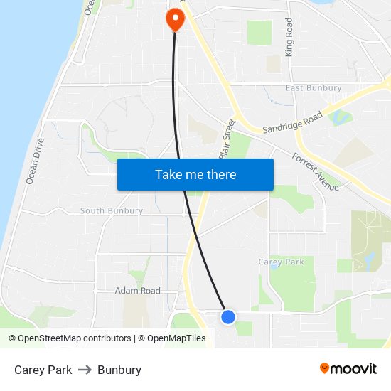 Carey Park to Bunbury map