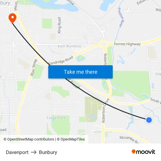 Davenport to Bunbury map