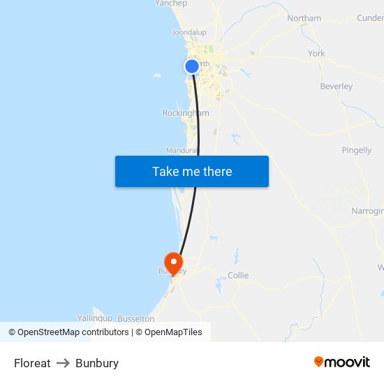 Floreat to Bunbury map