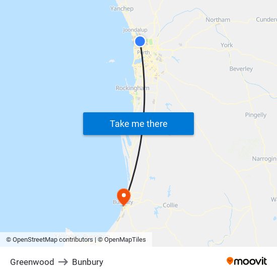 Greenwood to Bunbury map