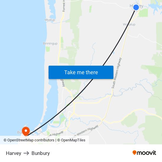 Harvey to Bunbury map