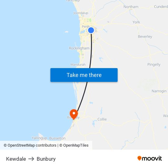 Kewdale to Bunbury map