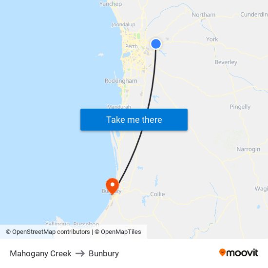 Mahogany Creek to Bunbury map