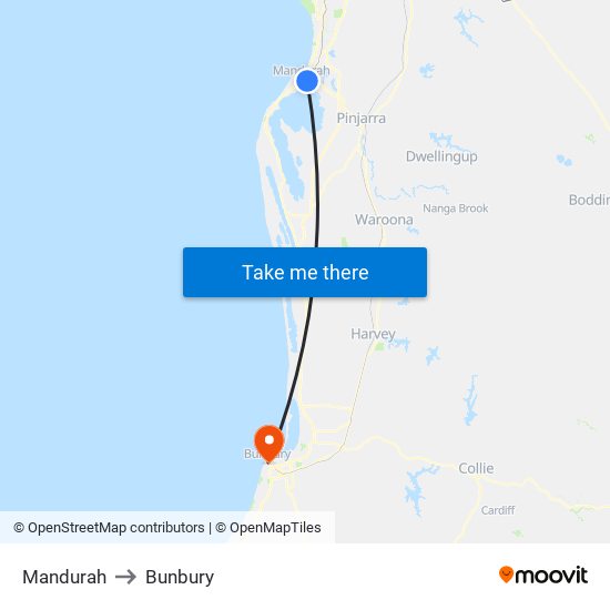 Mandurah to Bunbury map