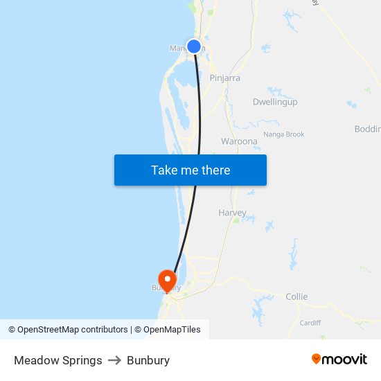 Meadow Springs to Bunbury map