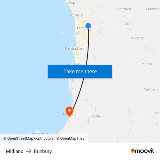 Midland to Bunbury map