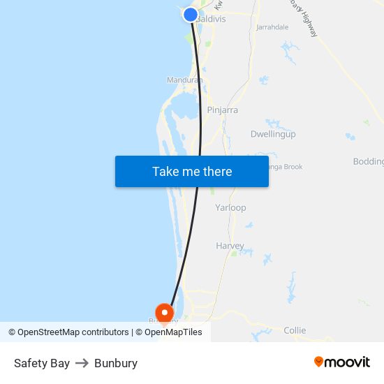 Safety Bay to Bunbury map