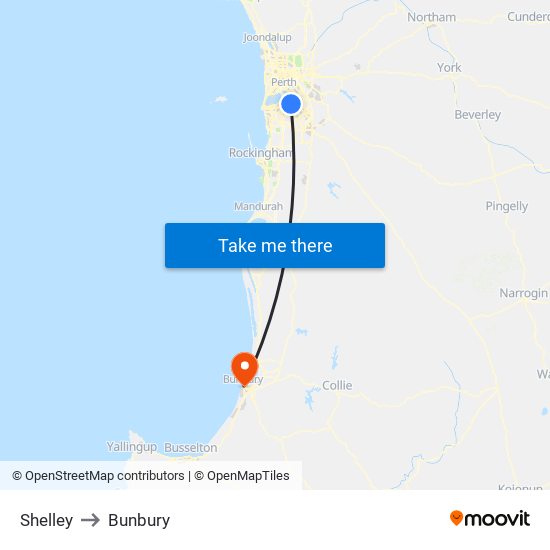 Shelley to Bunbury map