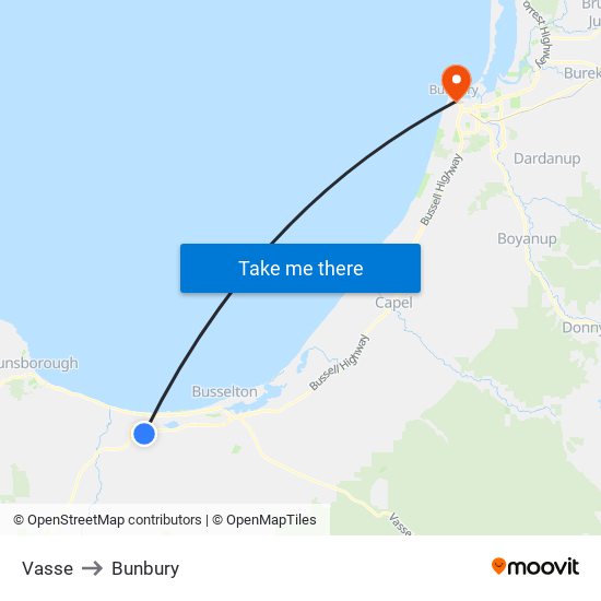 Vasse to Bunbury map