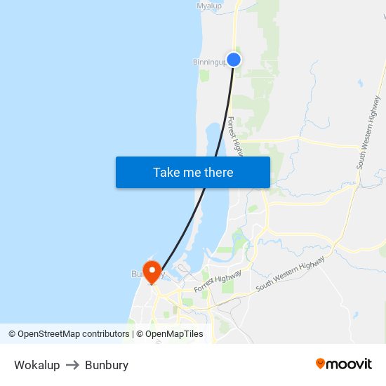 Wokalup to Bunbury map