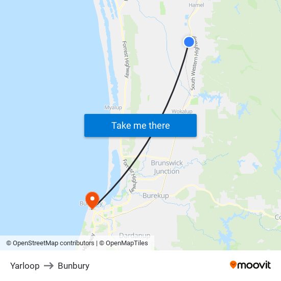 Yarloop to Bunbury map