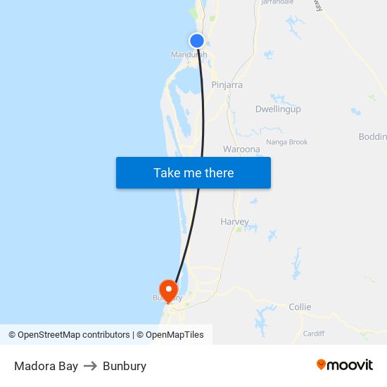 Madora Bay to Bunbury map