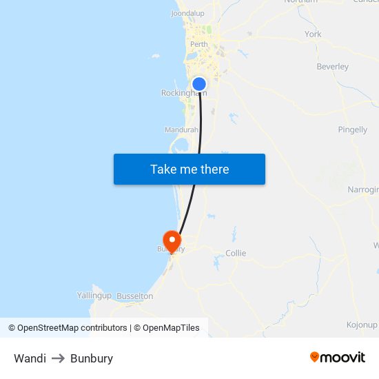 Wandi to Bunbury map