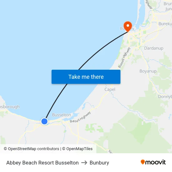 Abbey Beach Resort Busselton to Bunbury map