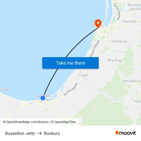 Busselton Jetty to Bunbury map