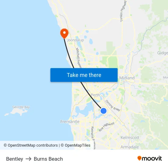Bentley to Burns Beach map