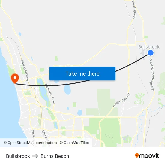 Bullsbrook to Burns Beach map