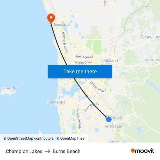 Champion Lakes to Burns Beach map