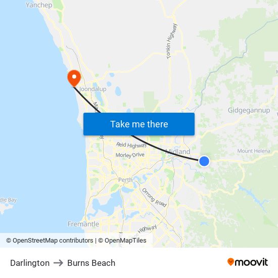 Darlington to Burns Beach map