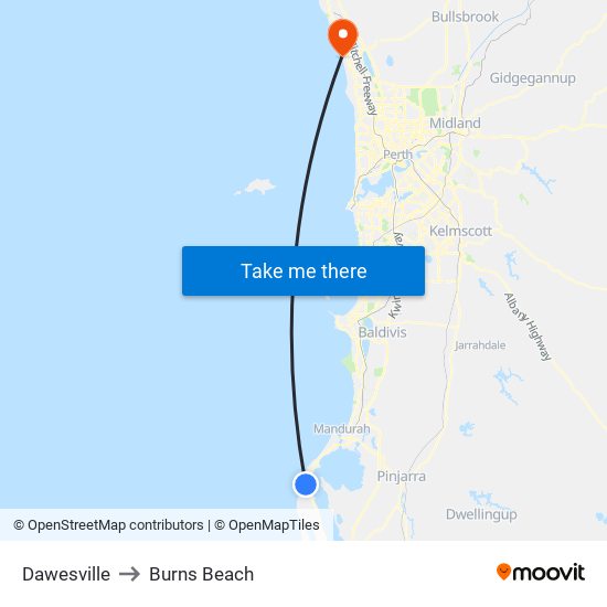 Dawesville to Burns Beach map