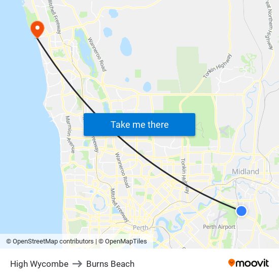 High Wycombe to Burns Beach map