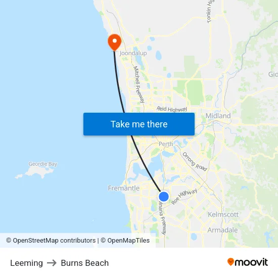 Leeming to Burns Beach map