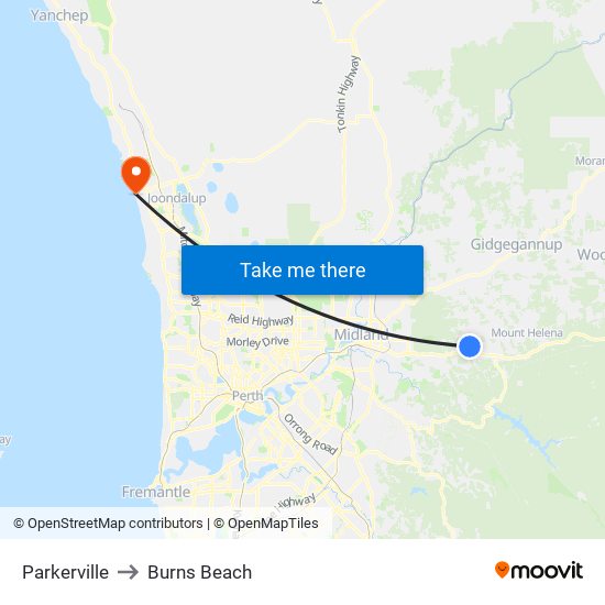 Parkerville to Burns Beach map