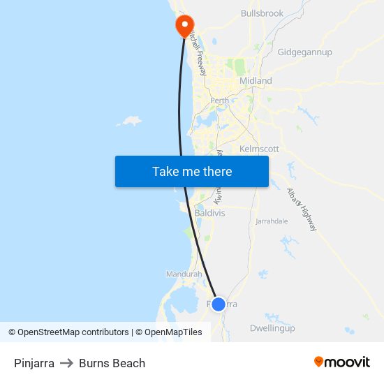 Pinjarra to Burns Beach map