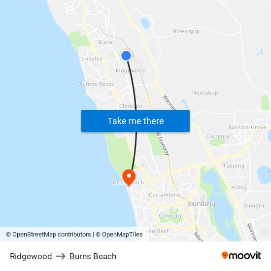 Ridgewood to Burns Beach map