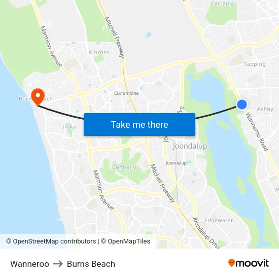 Wanneroo to Burns Beach map