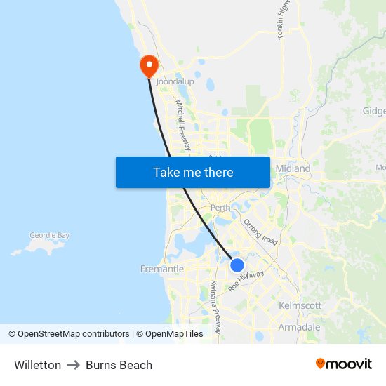 Willetton to Burns Beach map