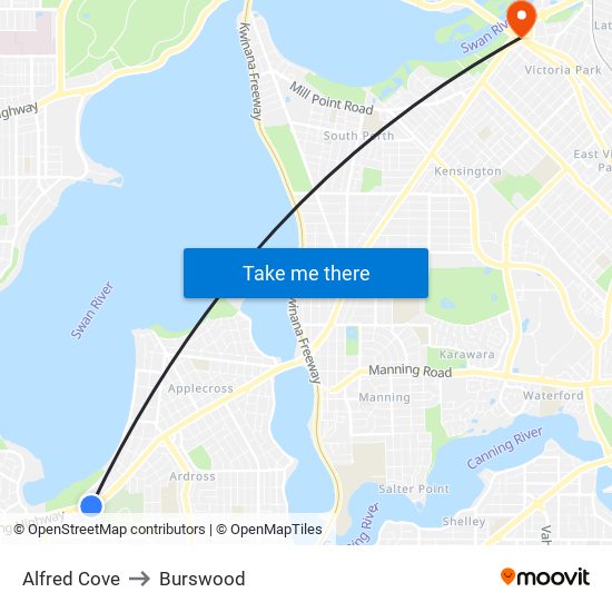 Alfred Cove to Burswood map